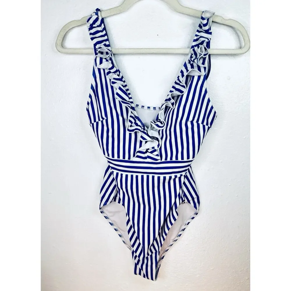Cupshe Blue And White Stripe Coastal One Piece Swimsuit Small Ruffle Summer